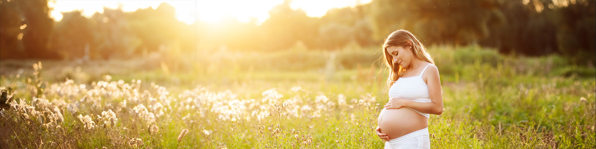 Schwangere Frau in weißer Kleidung, die in einem sonnenbeschienenen Feld steht, sanft ihren Bauch hält und nach unten schaut, umgeben von Gras und Wildblumen mit Bäumen im Hintergrund.