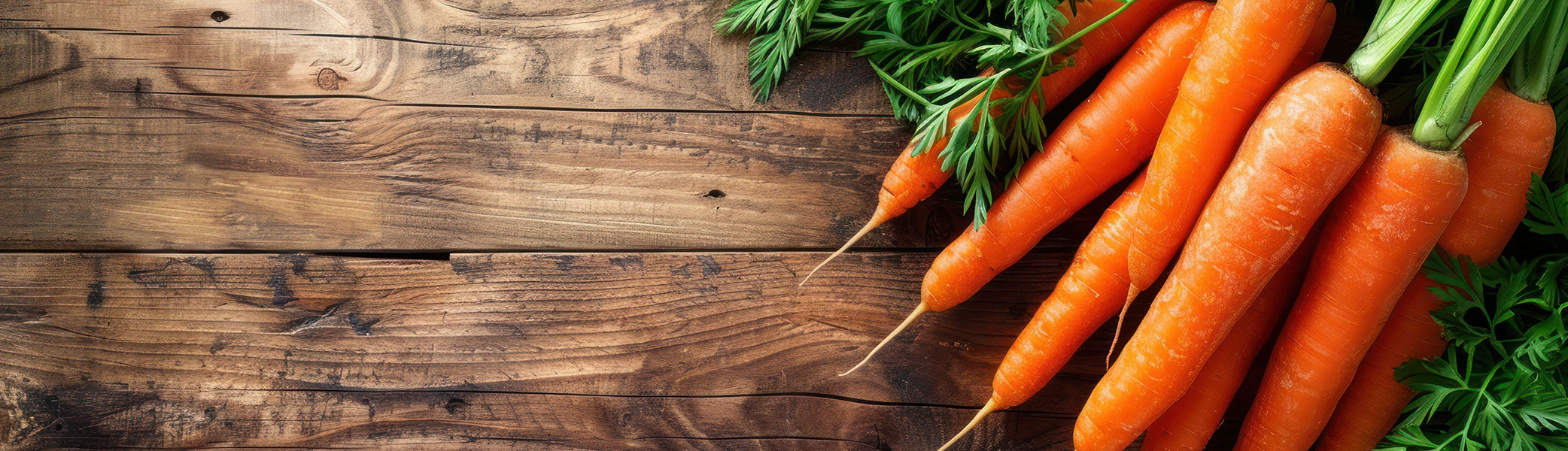 Auf einem rustikalen Holztisch liegt ein Bündel frischer, ganzer Möhren mit grünen Spitzen, deren Wurzeln und Blattgrün leuchtend orangefarben sind.