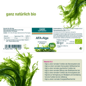 Ein veganes Tablettenetikett von gse.organic.supplements AFA-Alge (Bio) mit Grafiken von Grünalgen, Öko-Symbolen und deutschem Text, der das organische Aphanizomenon Flos Aquae, die Vorteile von Vitamin B12 und die Unterstützung des Immunsystems hervorhebt.
