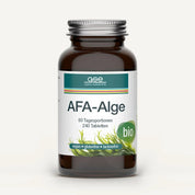 AFA-Alge (Bio) von gse.organic.supplements kommt in einer Braunglasflasche mit 240 Tabletten Bio-Aphanizomenon Flos Aquae. Die weiß-grüne vegane Verpackung ist gluten- und laktosefrei, mit dem Bio-Siegel versehen und unterstützt das Immunsystem.