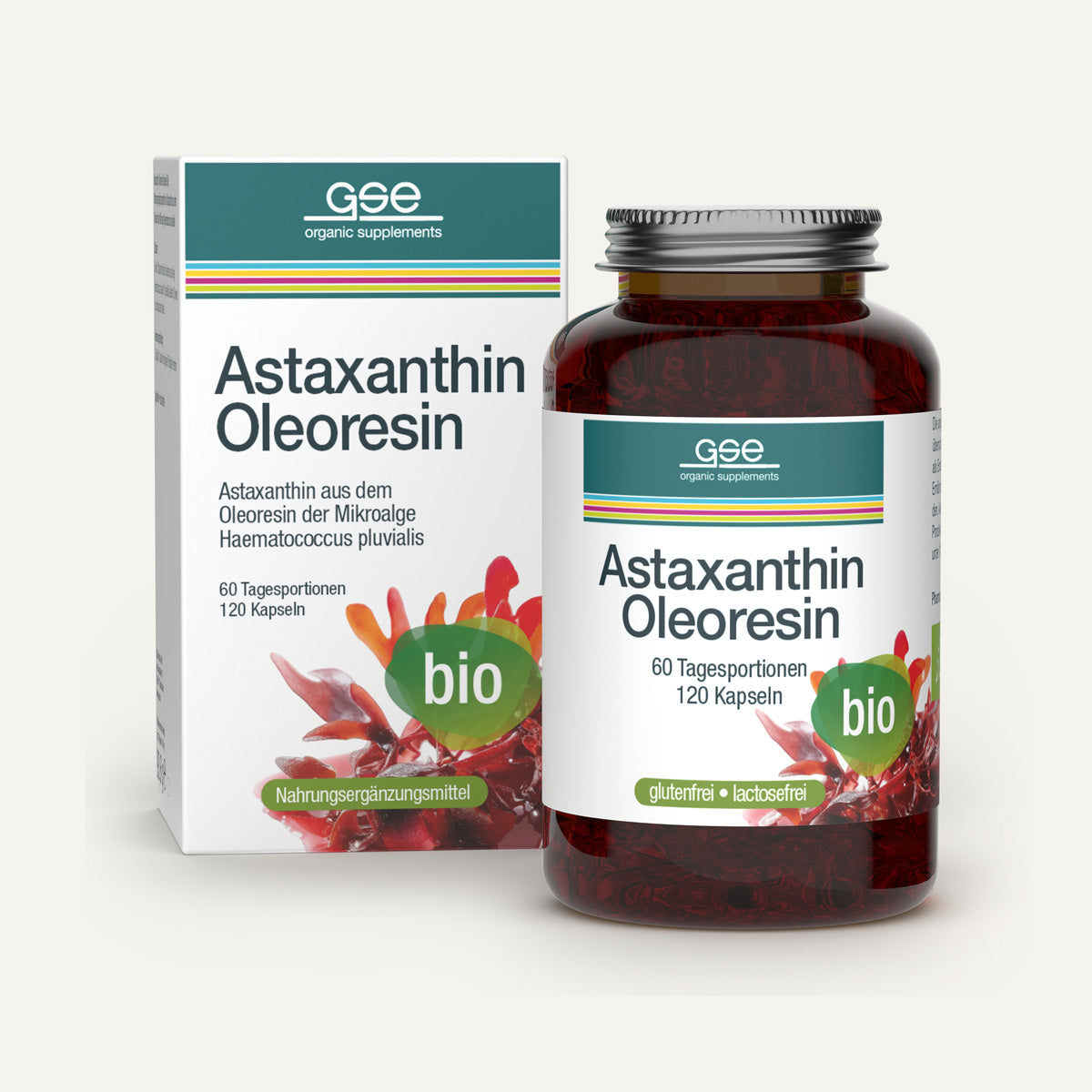 Eine Flasche und eine Packung gse.organic.supplements Astaxanthin-Oleoresin-Kapseln (Bio), jeweils mit 120 Kapseln für 60 Tagesportionen.