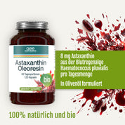 Eine Flasche rote Astaxanthin-Oleoresin-Kapseln (Bio) mit einem grünen Textfeld, in dem angegeben ist, dass das Produkt 8 mg Astaxanthin aus Algen enthält, das in Olivenöl gelöst ist.