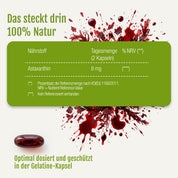 Unterhalb einer grünen Infobox, in der 8 mg Astaxanthin pro Tagesdosis angegeben sind, befindet sich eine rote Astaxanthin-Oleoresin-Kapsel (Bio), umgeben von dunkelroten Flüssigkeitsspritzern und Pflanzenmaterial.