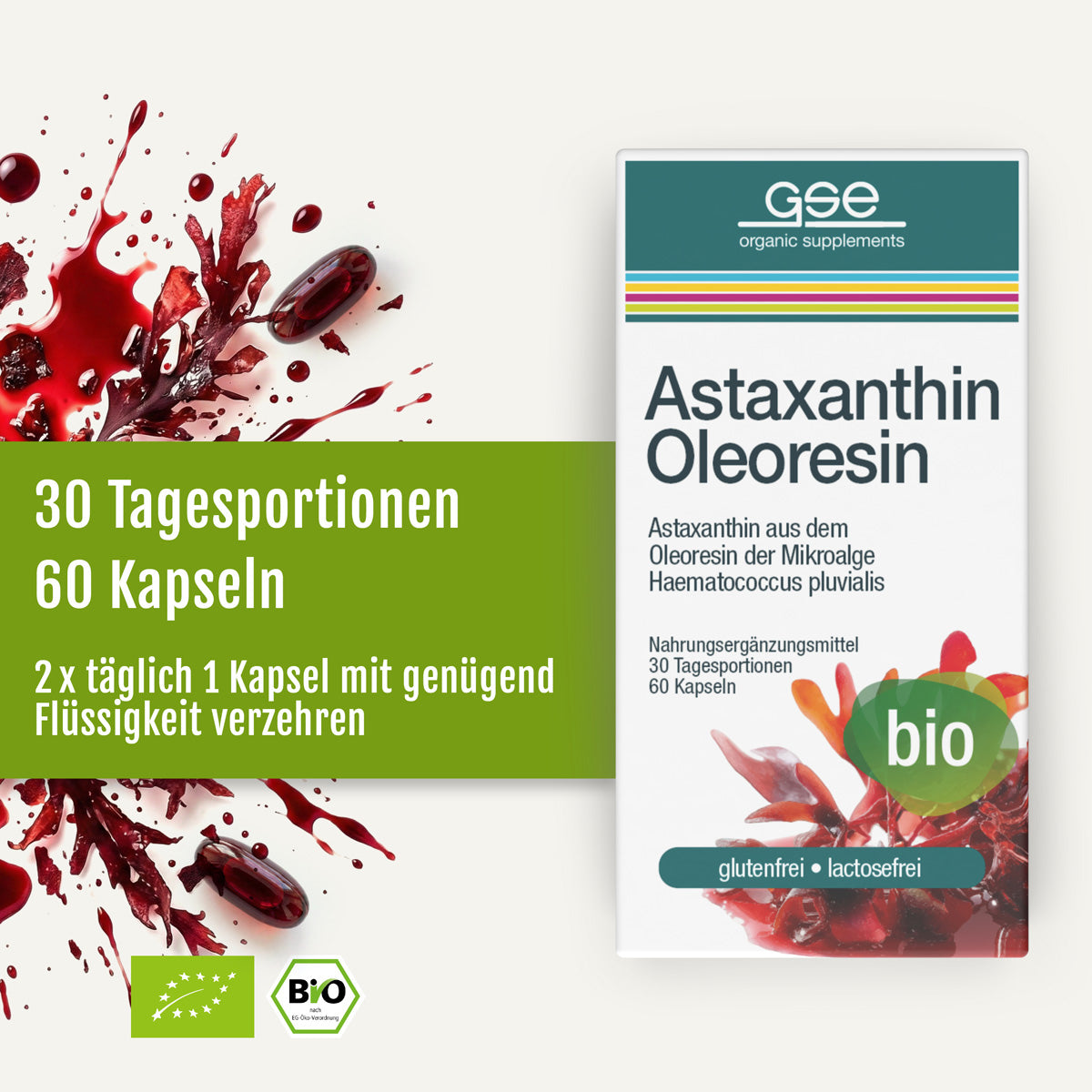 Produktverpackung für gse.organic.supplements Astaxanthin-Oleoresin-Kapseln (Bio) mit 60 Kapseln für 30 Tagesportionen, inklusive Gebrauchsanweisung und grünem Bio-Siegel.