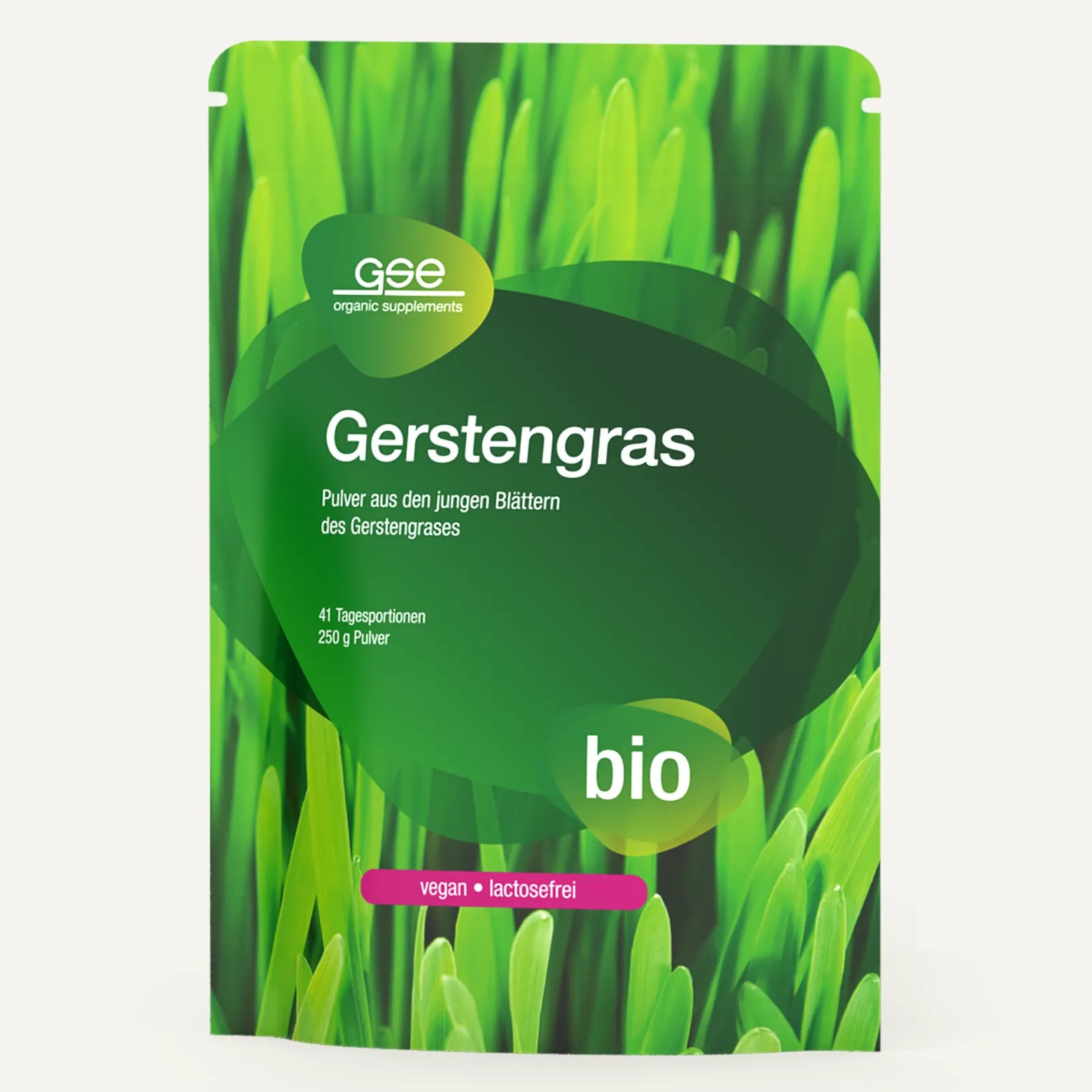 Eine grüne Packung Gerstengras Pulver (Bio) von gse.organic.supplements mit Abbildungen von jungem Gerstengras. Aus bio-zertifiziertem, nachhaltigem Anbau, bio, vegan, laktosefrei, 250 g Pulver für 41 Portionen.