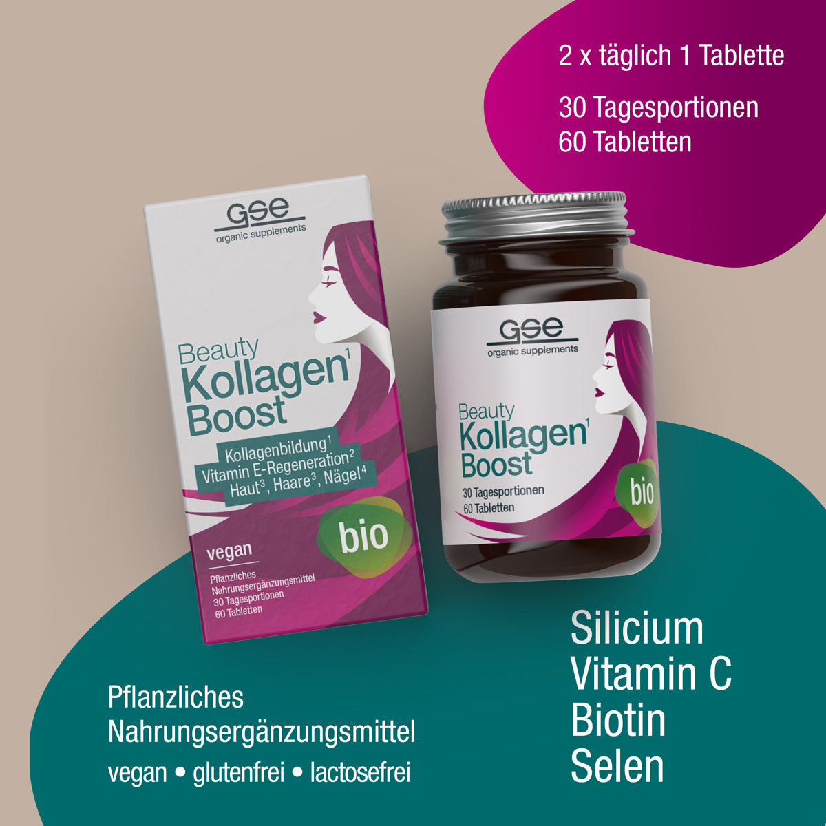 Eine Beauty Kollagen-Boost (Bio)-Nahrungsergänzungsbox sowie eine Flasche mit Etiketten, auf denen die Anwendungshinweise, Inhaltsstoffe und Nährwertangaben aufgeführt sind.