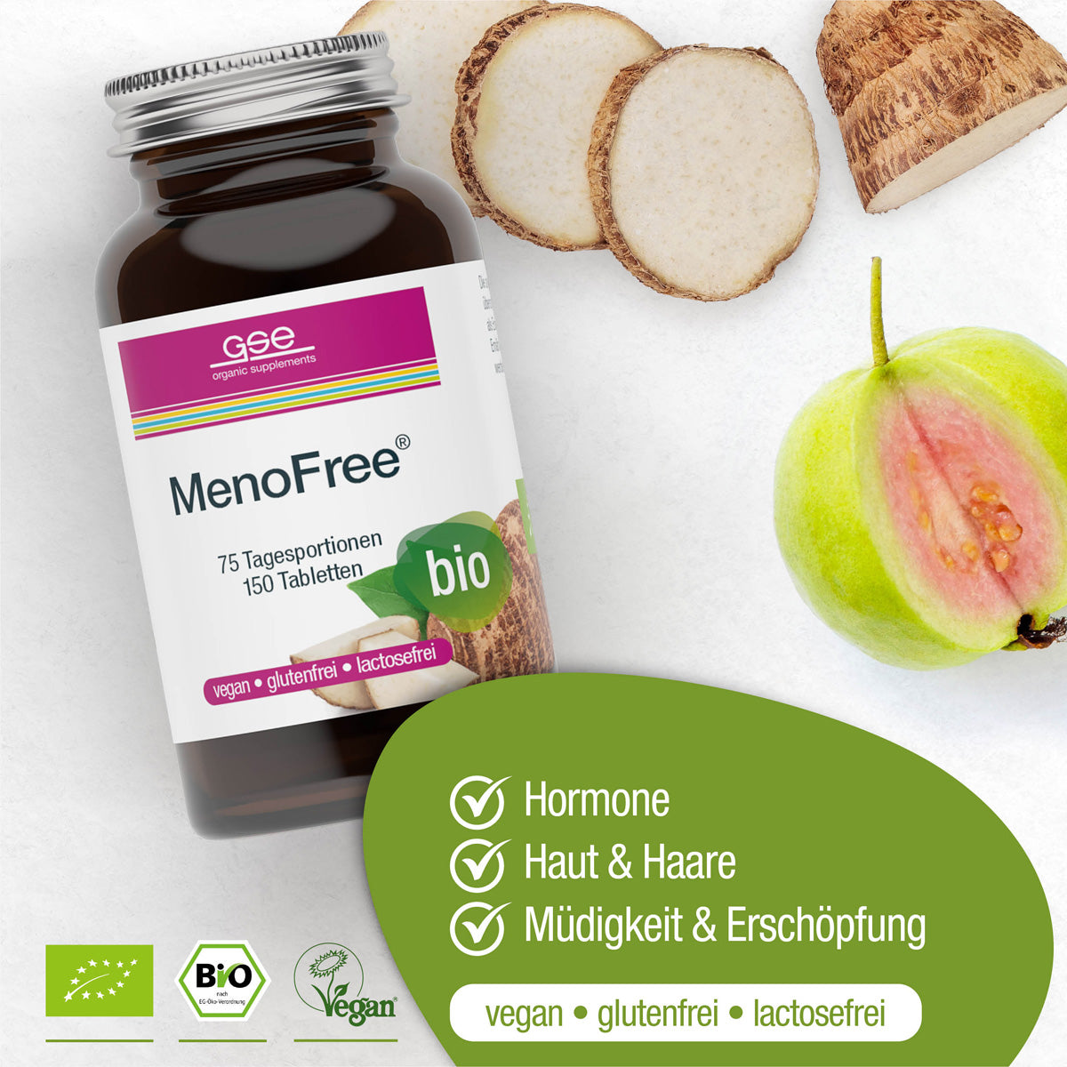 Eine Flasche gse.organic.supplements MenoFree (Bio) vegane, glutenfreie, laktosefreie Tabletten mit frischer Yamswurzel und Guave. Text hebt Unterstützung für den Hormonhaushalt, Haut, Haare, Energie-Ideal während der Wechseljahre.
