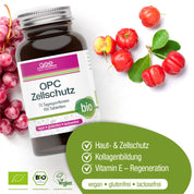 Eine Flasche gse.organic.supplements OPC Zellschutz Complex (Bio) steht neben frischen Weintrauben und Acerola-Kirschen. Das vegane, glutenfreie, laktosefreie, bio-zertifizierte Etikett betont den Haut- und Zellschutz mit Vitamin C Acerola.