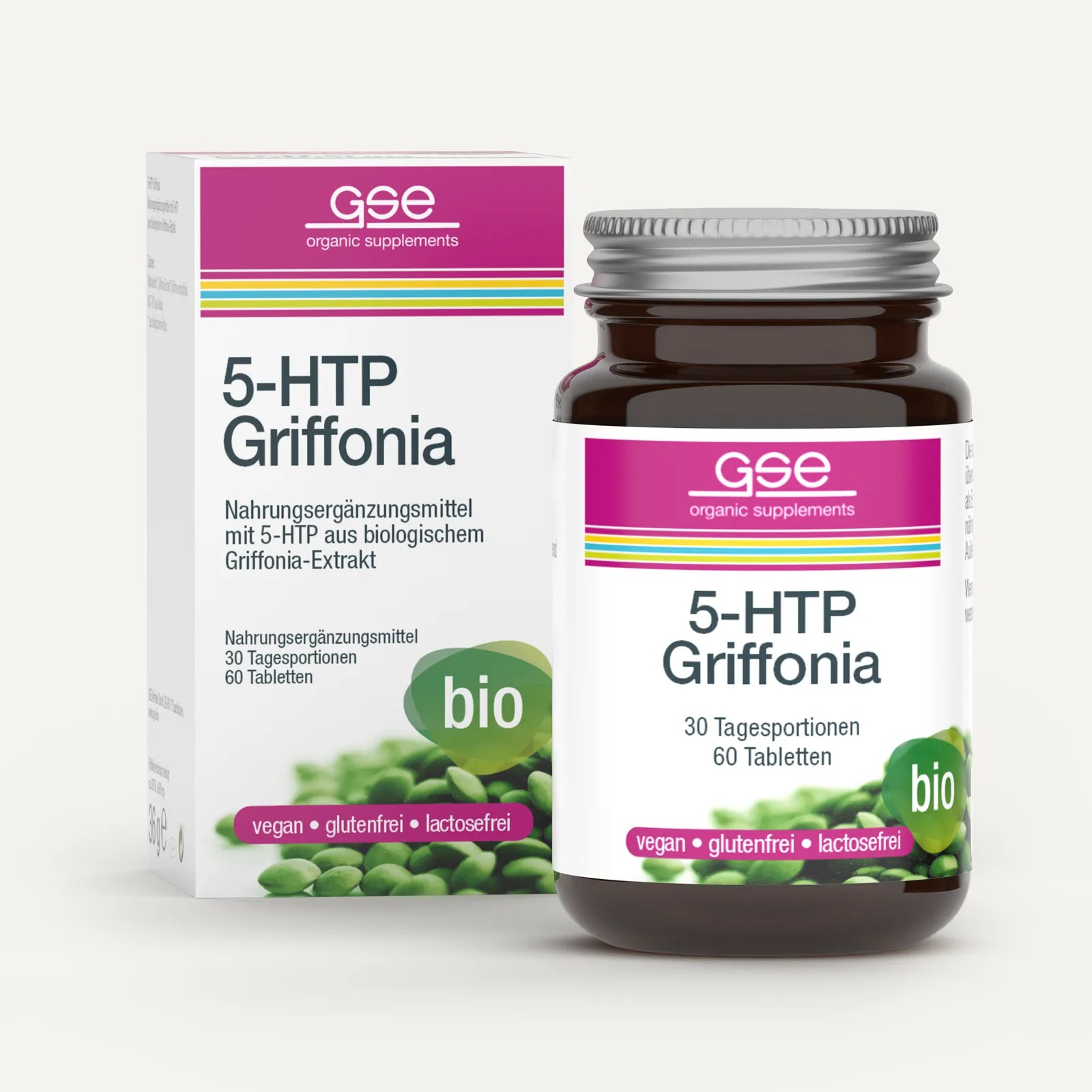 Eine gse.organic.supplements 5-HTP Griffonia (Bio) Flasche und Schachtel mit grünen Akzenten, "Bio"-Kennzeichnung, vegane, glutenfreie, laktosefreie Plaketten, biozertifiziertes Siegel; bezogen von afrikanischer Schwarzbohne.