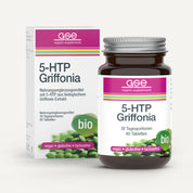Eine gse.organic.supplements 5-HTP Griffonia (Bio) Flasche und Schachtel mit grünen Akzenten, "Bio"-Kennzeichnung, vegane, glutenfreie, laktosefreie Plaketten, biozertifiziertes Siegel; bezogen von afrikanischer Schwarzbohne.