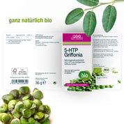 Verpackung für gse.organic.supplements 5-HTP Griffonia (Bio) mit grünen afrikanischen Schwarzbohnensamen, Bio- und Vegan-Logos, Text "ganz natürlich bio" auf weißem Hintergrund und Blättern am oberen Rand.