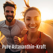 Ein lächelnder Mann und eine lächelnde Frau joggen bei Sonnenuntergang im Freien, während das Sonnenlicht hinter ihnen strahlt. Beide wirken voller Energie und glücklich – dank der Astaxanthin-Oleoresin-Kapseln (Bio) von gse.organic.supplements. Darunter steht der Text „Pure Astaxanthin-Kraft“.