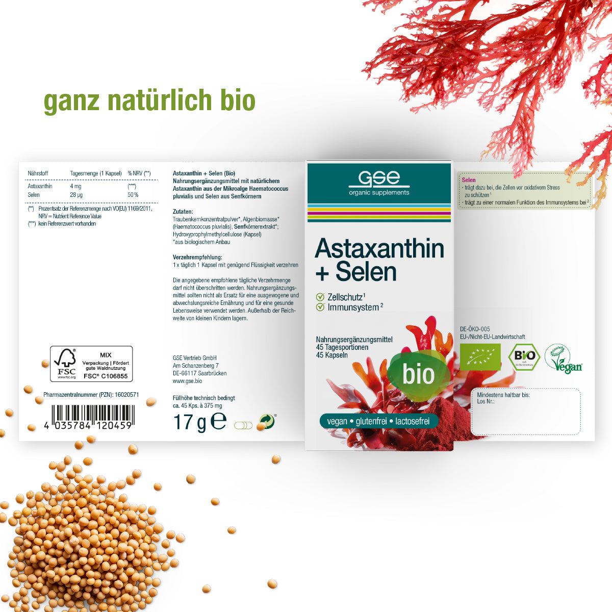 Verpackung für gse.organic.supplements Astaxanthin + Selen (Bio) Nahrungsergänzungsmittel, zeigt Rotalgen und Senfkörner, Vegan- und Bio-Siegel, mit Text, der Zellschutz und Unterstützung des Immunsystems hervorhebt.