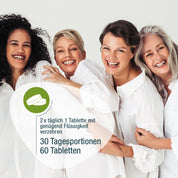 Vier Frauen in weißen Hemden lächeln gemeinsam vor einem hellen Hintergrund. Ein deutsches Etikett - 30 Tagesportionen, 60 Tabletten - zeigt gse.organic.supplements MenoFree (Bio) unterstützt den Hormonhaushalt und die B-Vitamine in den Wechseljahren.