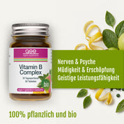 Eine Flasche „gse.organic.supplements Vitamin B-Komplex (Bio)“, ein hochwertiges Bio-Nahrungsergänzungsmittel, wird neben frischen Zitronen, Ingwer und leuchtend grünen Blättern präsentiert. Der Text hebt die Vorteile hervor: unterstützt Nerven und Psyche, mindert Müdigkeit und steigert die geistige Leistungsfähigkeit. Darunter wird betont: 100 % pflanzliche B-Vitamine und Bio.