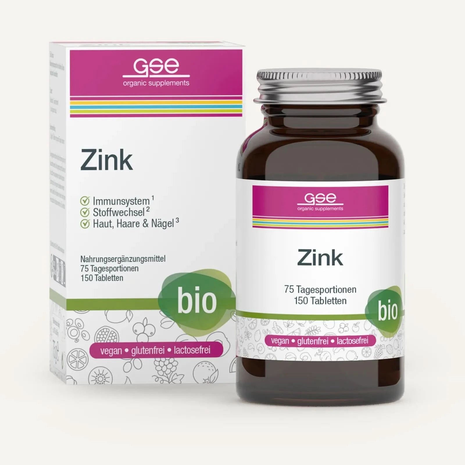 Eine Flasche und eine Schachtel gse.organic.supplements Zink Compact (Bio) mit 150 Tabletten. Auf der Verpackung steht die Unterstützung von Immunsystem, Stoffwechsel, Haut, Haaren und Nägeln. Die Symbole zeigen veganes, glutenfreies und laktosefreies Nahrungsergänzungsmittel an.