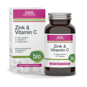 Eine Schachtel und eine Flasche gse.organic.supplements Zink & Vitamin C (Bio) Tabletten mit Bio-Etikett; vegane, glutenfreie und laktosefreie Icons. Die weiße Verpackung mit grünen und magentafarbenen Akzenten unterstützt Ihr Immunsystem auf natürliche Weise.