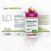 Eine Packung Osteomin® (Bio) von gse.organic.supplements ist auf weißem Hintergrund abgebildet und trägt die Etiketten für Kalzium, Magnesium, Vitamin D3 & K2, Bio, vegan, glutenfrei und laktosefrei. Oben ist Rotalgen zu sehen.