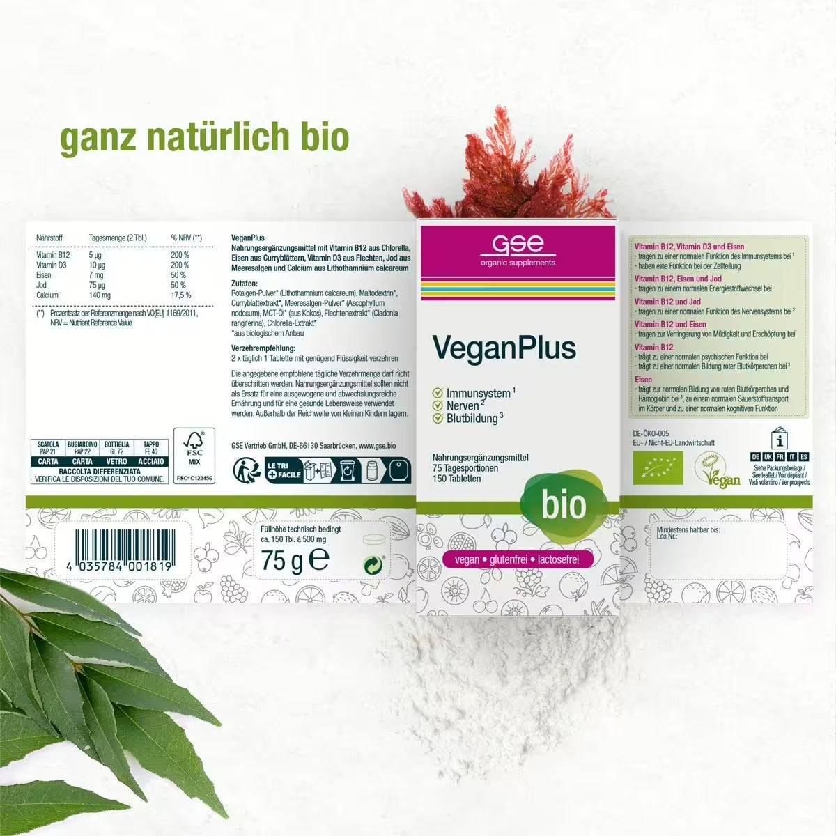Produktetikett für VeganPlus (Bio) von gse.organic.supplements in deutscher Sprache, mit grünen Akzenten, Zutatenliste und Bio-Siegel. Dekoriert mit frischen Blättern und roten Kräutern. Text: ganz natürlich bio – perfekt für vegane Ernährung.