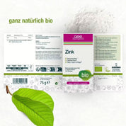 Die Produktverpackung für Zink Compact (Bio) von gse.organic.supplements ist überwiegend weiß mit grünem Text und zeigt Nährwertangaben sowie vegane/glutenfreie Symbole – ideal zur Unterstützung des Immunsystems. Unten links ziert ein grünes Blatt den Akzent.