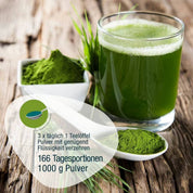 Ein Glas grüner Saft steht auf einem Holztisch neben zwei weißen Schüsseln und einem Löffel mit Gerstengras Pulver (Bio) von gse.organic.supplements. Im Hintergrund sind grüne Grashalme zu sehen; Der deutsche Text behandelt nachhaltige Kultivierung, Dosierung und Portionen.