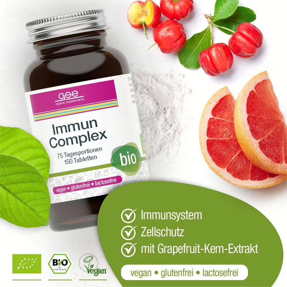 Eine Flasche Immun Complex (Bio) von gse.organic.supplements befindet sich zwischen Grapefruithälften, grünen Blättern, weißem Pulver und Tabletten. Vegan, glutenfrei, laktosefrei; enthält Pflanzennährstoffe wie Vitamin C aus Grapefruitkernextrakt.