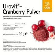Produktetikett für Urovit®-Cranberry Pulver von gse.organic.supplements, ein Nahrungsergänzungsmittel mit Cranberry und proanthocyanidinreichem Pulver. Das deutsche Etikett enthält Zutaten, Nährwertangaben, Anwendung und ein gelbes Logo oben rechts.