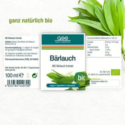 Der Bärlauch-Extrakt (Bio) von gse.organic.supplements verfügt über ein grün-weißes Etikett mit Bärlauchblättern, Nährwertangaben, Dosierungsrichtlinien und Zertifizierungen wie vegan, glutenfrei und ideal für Entschlackungskuren.