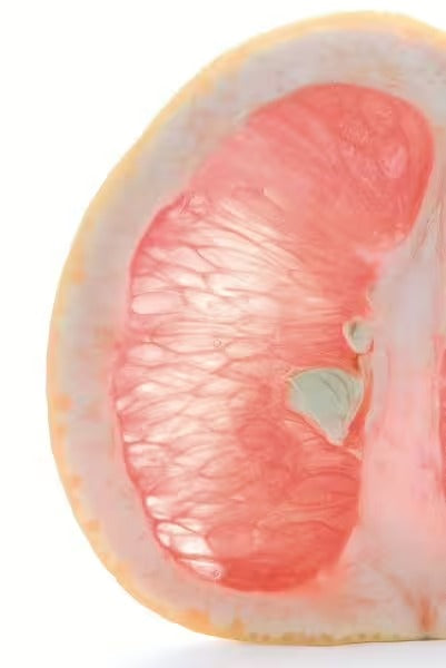 Nahaufnahme von CitroPlus® 1200 forte (Bio) von gse.organic.supplements. Die dicke gelbe Schale und die saftigen, durchscheinenden rosa Segmente, die reich an Bioflavonoiden sind, sind hervorzuheben. Im Inneren sind einige Samen sichtbar.
