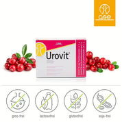 Eine Packung Urovit®-Cranberry Pulver von gse.organic.supplements ist mit Cranberries und grünen Blättern auf beiden Seiten abgebildet. Symbole weisen darauf hin, dass das Pulver gentechnikfrei, laktosefrei, glutenfrei und sojafrei ist. Das gse-Logo erscheint oben rechts.