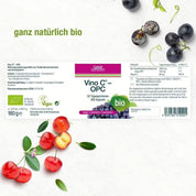 Das Etikett für Vino C® - OPC (Bio) von gse.organic.supplements zeigt Kirschen, Trauben und grüne Blätter auf weißem Grund. Grüner Text sagt „ganz natürlich bio“. Enthält OPC-Traubenkernkonzentrat und Acerolapulver.